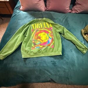 Urban Outfitters S/M NIRVANA Green Psychedelic Smiley Crewneck Sweatshirt